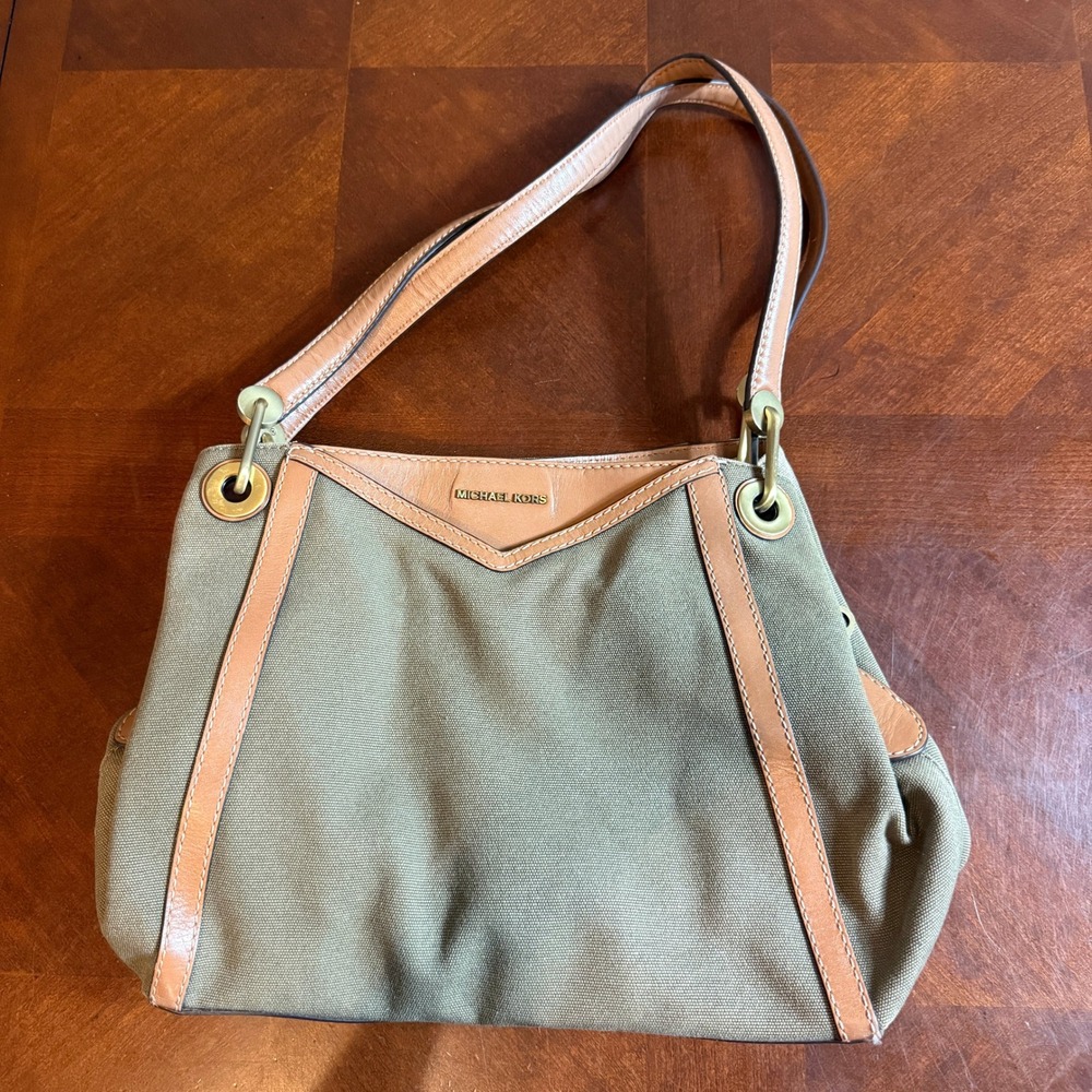 Michael Kors Olive Green Canvas Tan Leather Trim Shoulder Bag Gold Hardware